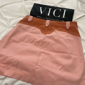HOUSTON DENIM COLORBLOCK FRONT ZIP MINI SKIRT - PINK/CLAY